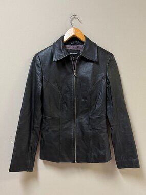Express Black Genuine Leather Zip Jacket Size 6
